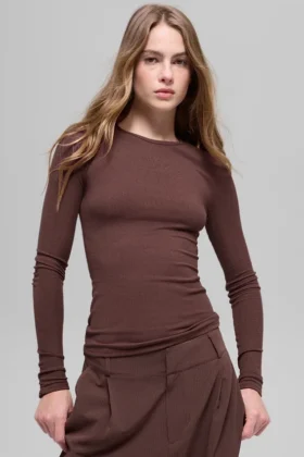 Blusa de manga larga de modal acanalado - Brownstone