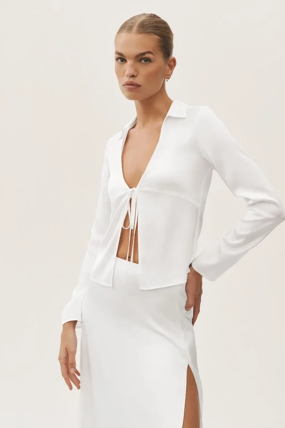 Blusa de manga larga Radiance de mezcla de seda - Blanco