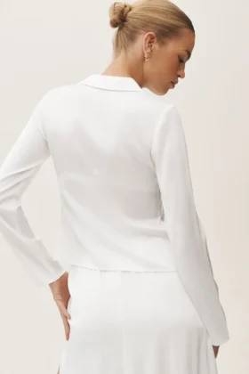 Blusa de manga larga Radiance de mezcla de seda – Blanco