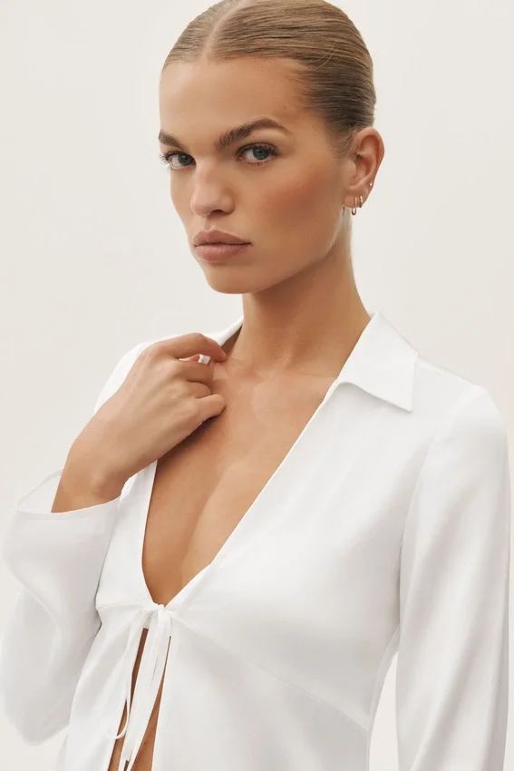 Blusa de manga larga Radiance de mezcla de seda - Blanco