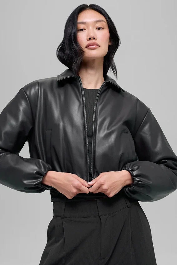 Bomber corto Premier de imitación de cuero - Negro