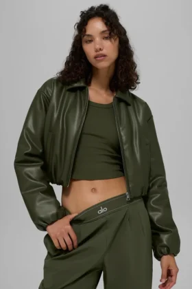 Bomber corto Premier de imitación de cuero – Verde oliva