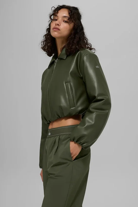 Bomber corto Premier de imitación de cuero - Verde oliva