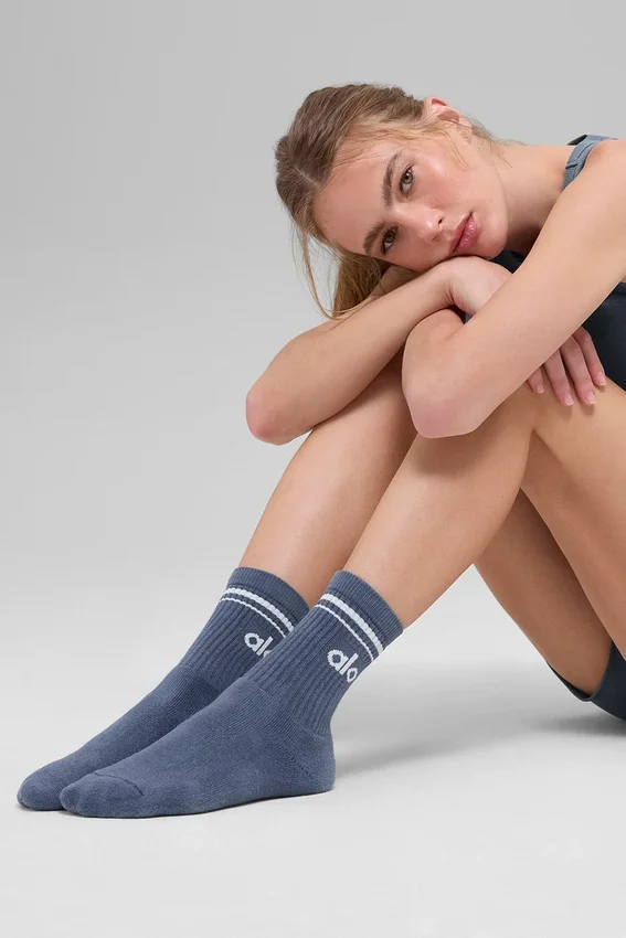 Calcetines unisex de caña media estilo retro - Azul piedra/Blanco