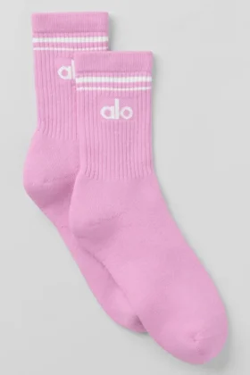 Calcetines unisex de estilo retro de media caña - Rosa corazón de caramelo/Blanco