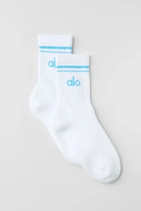 Calcetines unisex de talle medio estilo retro - Blanco/Azul celeste