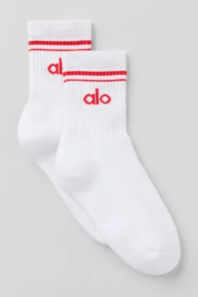 Calcetines unisex de talle medio estilo retro - Blanco/Rojo brillante