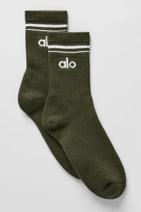 Calcetines unisex de talle medio estilo retro - Verde oliva/Blanco