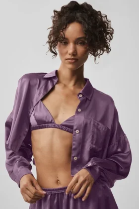 Camisa corta de seda luminosa con botones y manga larga - Plum Kiss