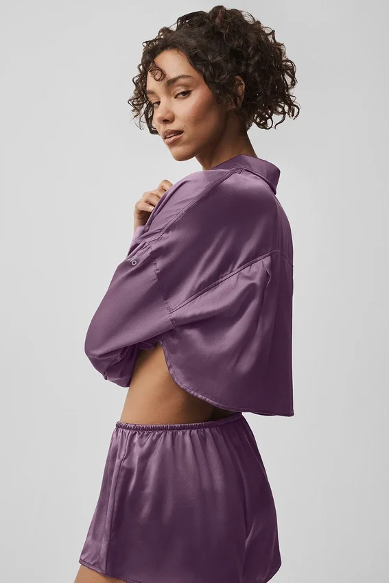 Camisa corta de seda luminosa con botones y manga larga - Plum Kiss