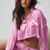 Camisa corta de seda luminosa con botones y manga larga - Rosa Candy Heart