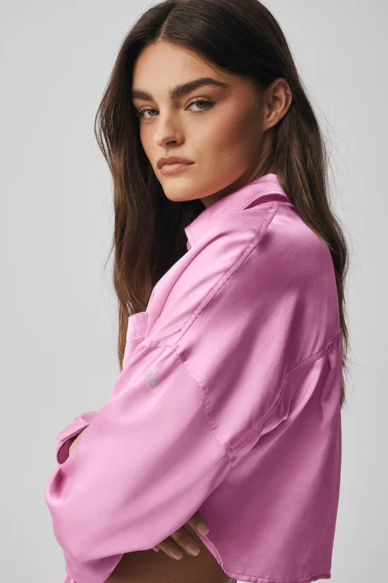 Camisa corta de seda luminosa con botones y manga larga - Rosa Candy Heart