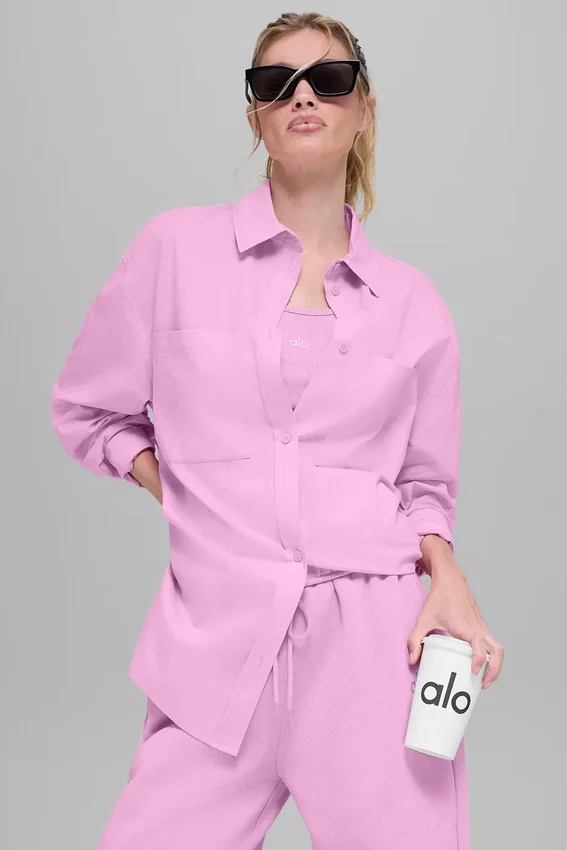 Camisa de algodón «Real Deal» de manga larga con botones — Rosa corazón de caramelo