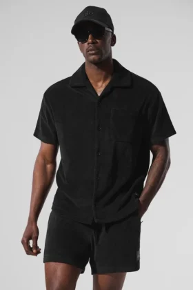 Camisa de felpa costera con botones - Negro