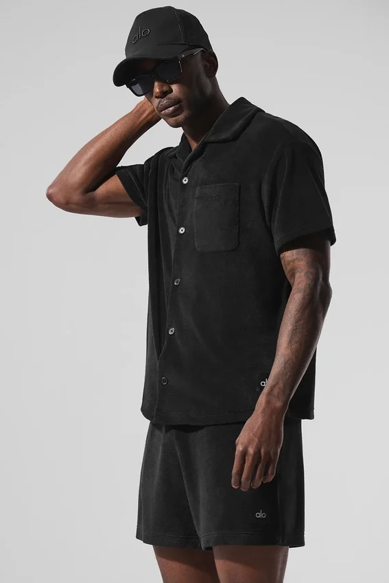 Camisa de felpa costera con botones - Negro