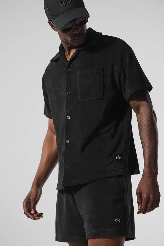Camisa de felpa costera con botones - Negro