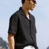Camisa de lino de manga corta con botones - Negro
