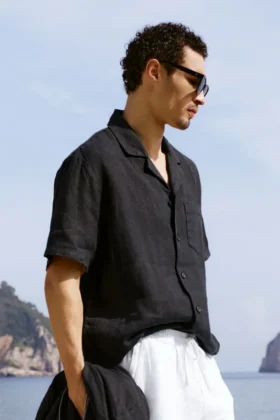 Camisa de lino de manga corta con botones - Negro