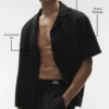 Camisa de lino de manga corta con botones - Negro