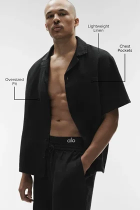 Camisa de lino de manga corta con botones – Negro