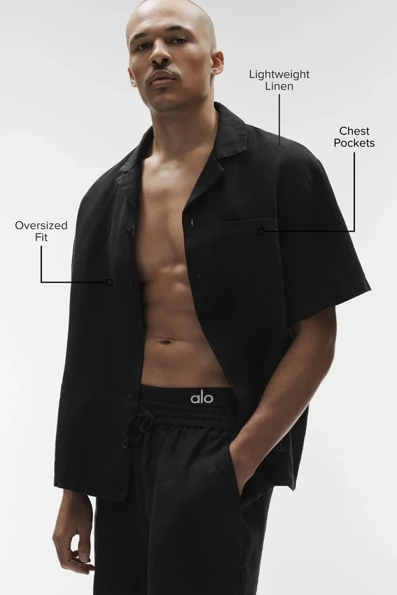 Camisa de lino de manga corta con botones - Negro