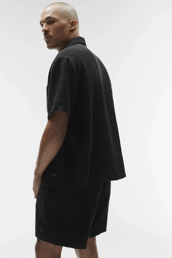 Camisa de lino de manga corta con botones - Negro
