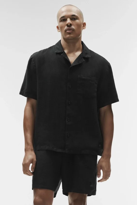 Camisa de lino de manga corta con botones - Negro
