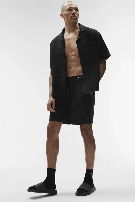 Camisa de lino de manga corta con botones - Negro
