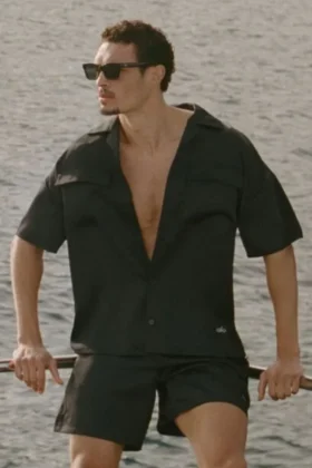 Camisa de manga corta con botones Satin Horizon - Negro