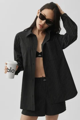 Camisa de manga larga a rayas finas con botones «Daylight» — Negro/Titanio