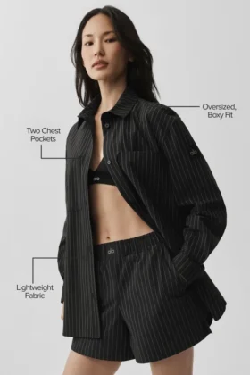 Camisa de manga larga a rayas finas con botones «Daylight» — Negro/Titanio