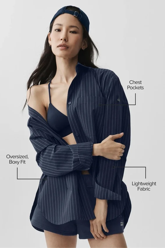 Camisa de manga larga a rayas finas «Daylight» — Azul marino/Marfil