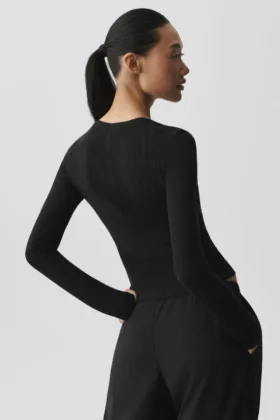 Camisa de manga larga acanalada Sea Coast – Negro