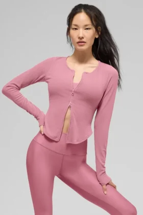 Camisa de manga larga acanalada Stardust – Rosa silvestre