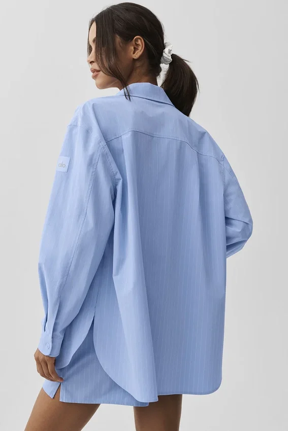 Camisa de manga larga con botones «Daylight» a rayas finas - Azul Provenza claro/Blanco