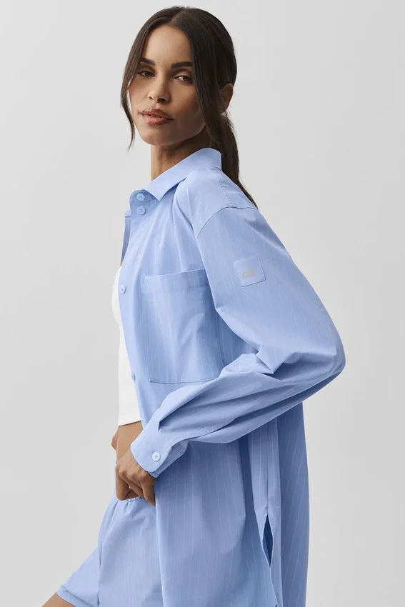 Camisa de manga larga con botones «Daylight» a rayas finas - Azul Provenza claro/Blanco