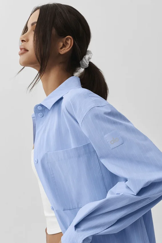 Camisa de manga larga con botones «Daylight» a rayas finas - Azul Provenza claro/Blanco