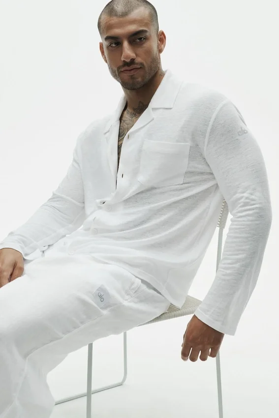 Camisa de manga larga de jersey de lino estilo costero con botones - Blanco