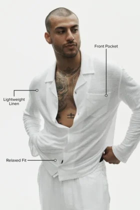 Camisa de manga larga de jersey de lino estilo costero con botones – Blanco