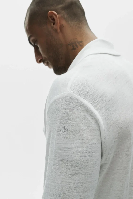 Camisa de manga larga de jersey de lino estilo costero con botones - Blanco