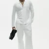 Camisa de manga larga de jersey de lino estilo costero con botones - Blanco