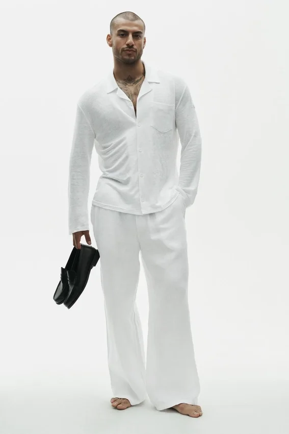 Camisa de manga larga de jersey de lino estilo costero con botones - Blanco