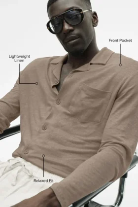 Camisa de manga larga de jersey de lino estilo costero con botones – Gravel