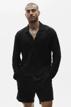 Camisa de manga larga de jersey de lino estilo costero - Negro