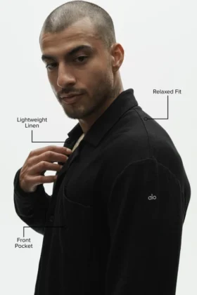 Camisa de manga larga de jersey de lino estilo costero – Negro