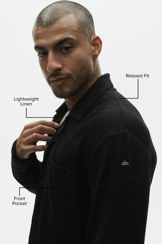 Camisa de manga larga de jersey de lino estilo costero - Negro