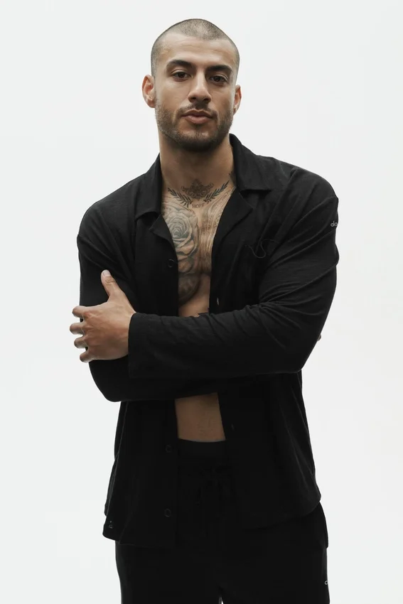 Camisa de manga larga de jersey de lino estilo costero - Negro