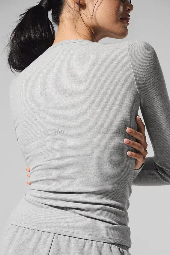 Camisa de manga larga de modal acanalado - Gris atlético jaspeado