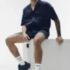 Camisa de satén Horizon de manga corta con botones - Azul marino