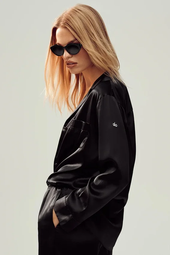 Camisa de seda luminosa con botones - Negro